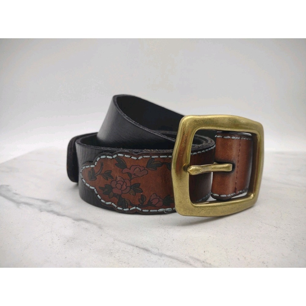 VTG Lucky Brand Leather Floral Belt Sz 32 Heavy Solid Brass Buckle Y2K Boho Chic
